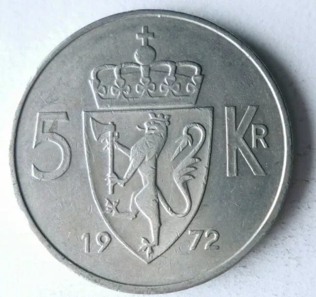 1972 NORWAY 5 KRONER - High Quality Coin - FREE SHIP - Bin #328