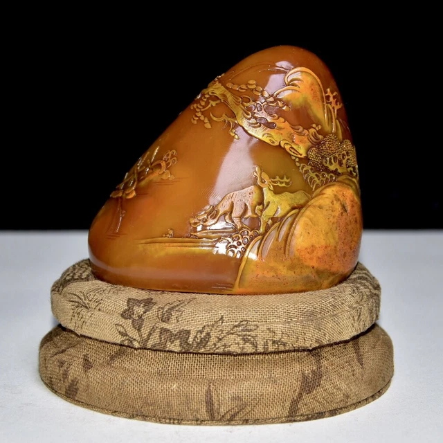 Chinese Exquisite Handmade Pine deer carving Shoushan Stone Statue Seal