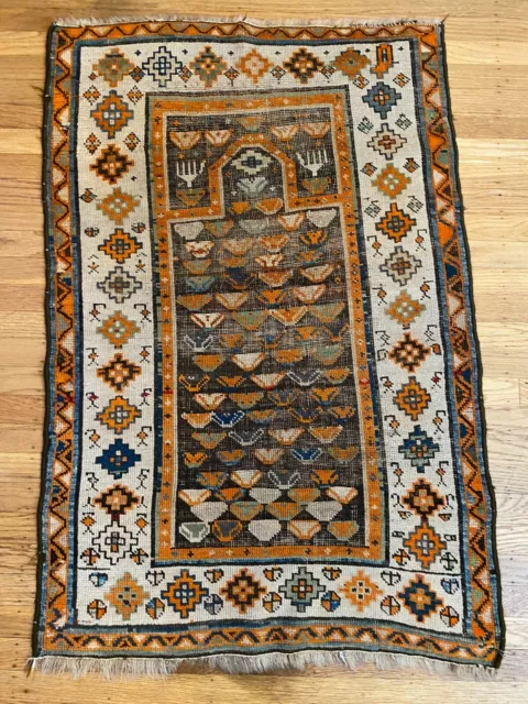 Antique Oriental Carpet - Vintage Caucasian Prayer Rug 2'7"x3'10" with hands