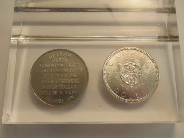 1964 Canada Silver Dollar & 75th Anniv. Dominian Life Token in paperweight