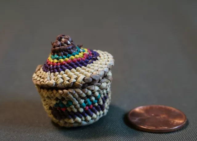 Beautiful Native American Miniature Makah Basket Fisherman, Canoe & Whale