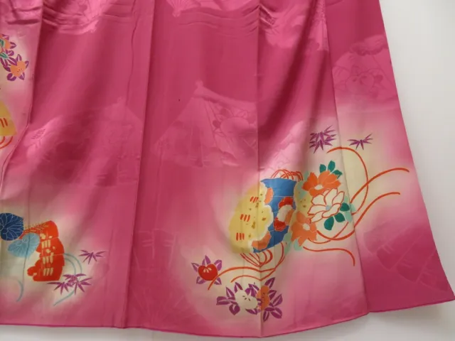 1418T05z570 Antique Japanese Kimono Silk IROTOMESODE Dark pink Folding fan 6