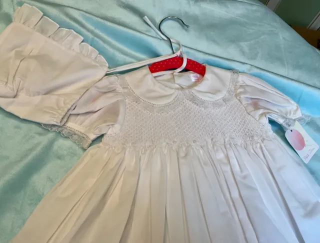 Petit Ami smocked Christening gown & bonnet baby /reborn sz 6 mos NEW WITH TAGS