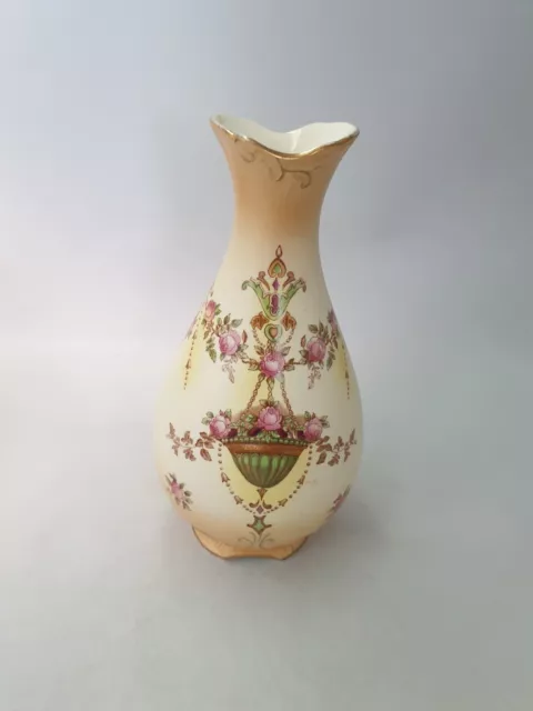 Antique Crown Devon Etna Blush Ware Ceramic Footed Vase Pink Rose Floral Gold