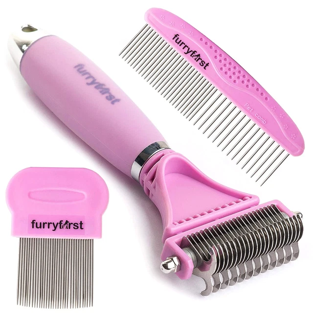 Dog Cat Grooming Tool Kit – Thick Undercoat Dematting Brush & Shedding Combs Set