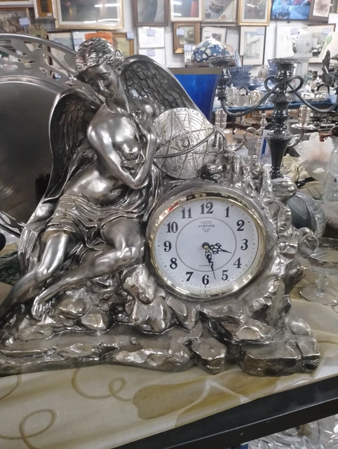 Orologio Da Tavolo Statua Scultura Di Donna Dea Angelo Angeli Argento Vintage
