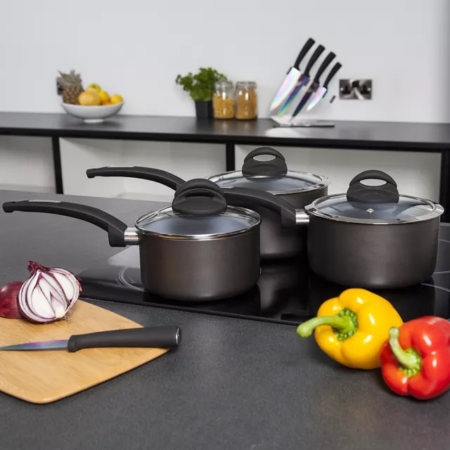 3-Piece Saucepan Set - Tower T80302 Ceramic Coated Cerasure in Graphite Grey