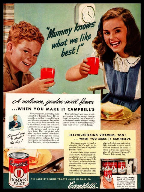 1942 Campbell's Tomato Juice "Mummy Knows What We Like Best" Full Color Print Ad