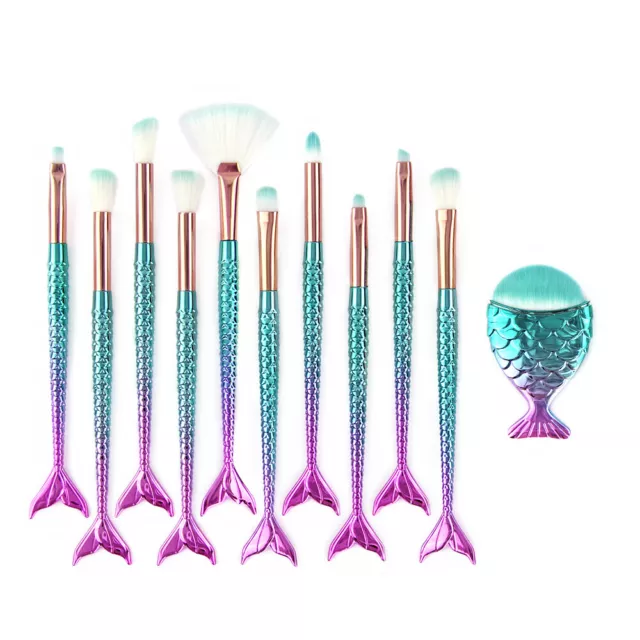 11Pcs Mermaid Makeup Brushes Set Foundation Blusher Eyeshadow Cosmetic Brush US