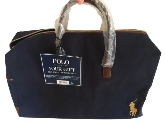 NWT Polo Ralph Lauren Canvas Duffle Bag Navy Brown Gold Logo 20x14x10 —NO STRAP