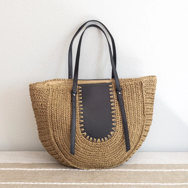Large Straw Round Tote with Leather Accents Perfect Summer Beach Bag BLK