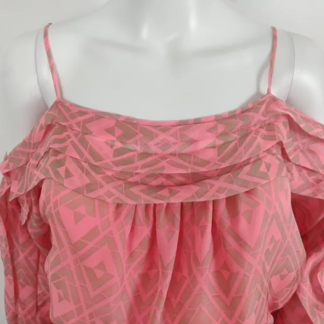 Rebecca Taylor Silk Top  Size 4 Coral Pink Taupe Geo Print Cold Shoulder Lined 3