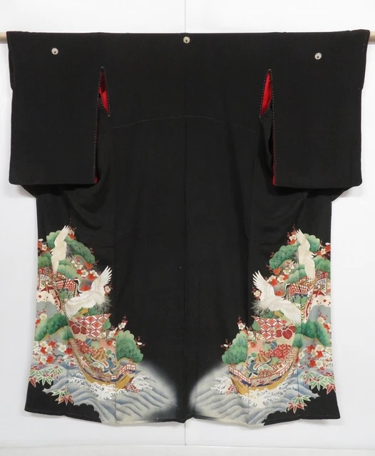 1001i04z700 Antique Japanese Kimono Silk TOMESODE Black Flying crane