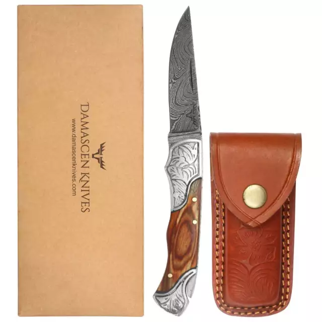 DAMASCEN KNIVES CLASSIC Lockback Folding Knife Wood Handle with Premium ...