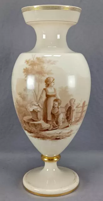 Bohemian Harrach Hand Painted Lady & Children Custard Opaline 15 Inch Vase C1860