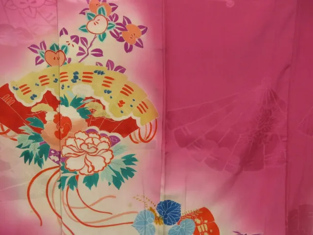 1418T05z570 Antique Japanese Kimono Silk IROTOMESODE Dark pink Folding fan 7