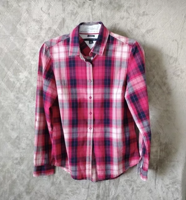 TOMMY HILFIGER Bright Pink Plaid Blouse Top Button Up Long Sleeve Cotton SIZE XL