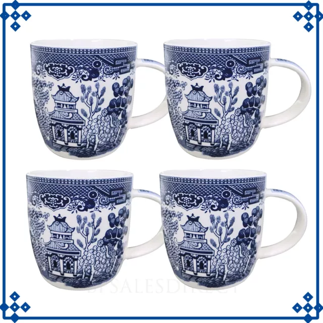 4-Set Blue Willow 340ml Oriental Barrel Coffee Mug Vintage Coffee Cup