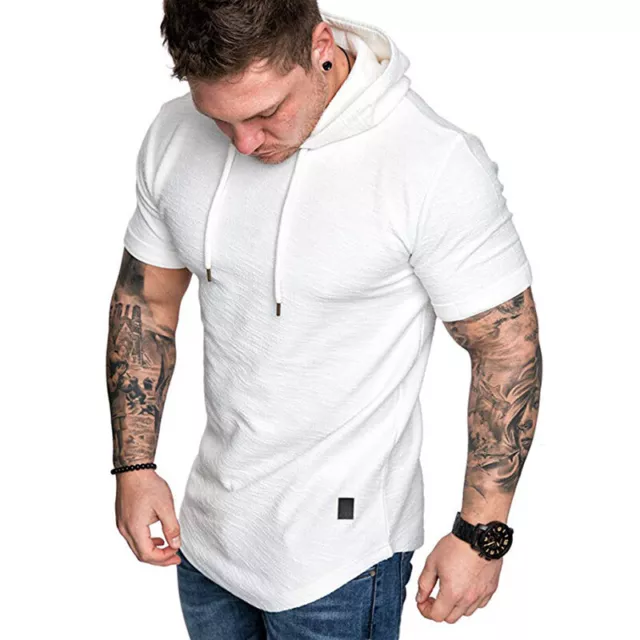 Mens Short Sleeve T-shirt Fitness Sports Hooded Muscle Hoodie Tee Summer Tops