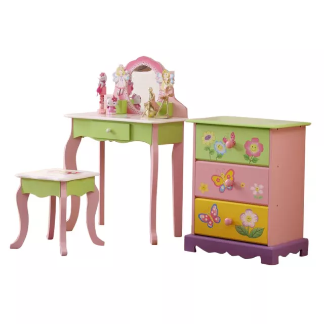 Wooden Kids Vanity Dressing Table with Mirror and Stool/Children Chest of Drawer