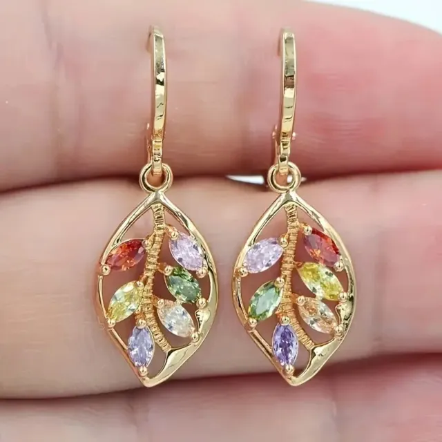 Beauti Rainbow Multi-Gemstone 18K Yellow Gold Over Women's Leaf Dangle Earrings