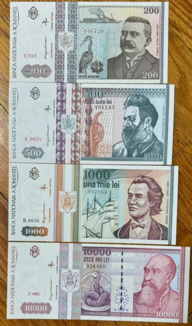 1992-1994 - ROMANIA -  4 NOTES SET ( 200 + 500 +1000 +10000 LEI notes ) -UNC- RR