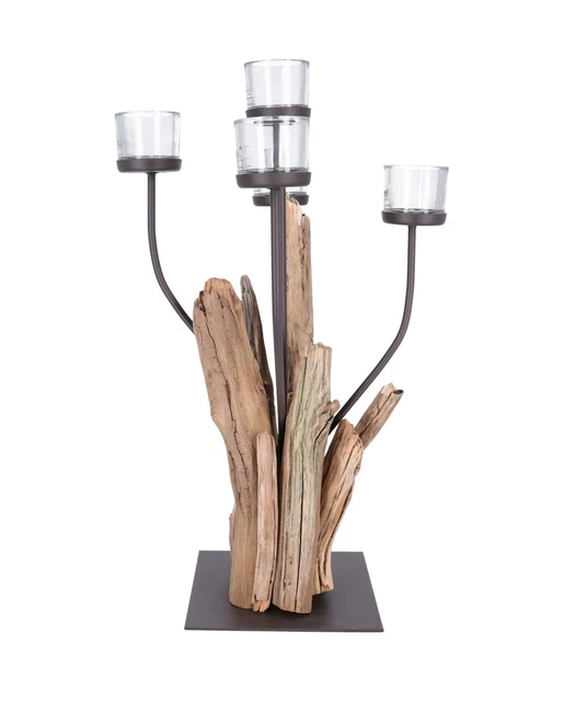 Portavelas de Hierro Y Madera Estilo Nature Con Contenedor Vidrio A 5 Llamas