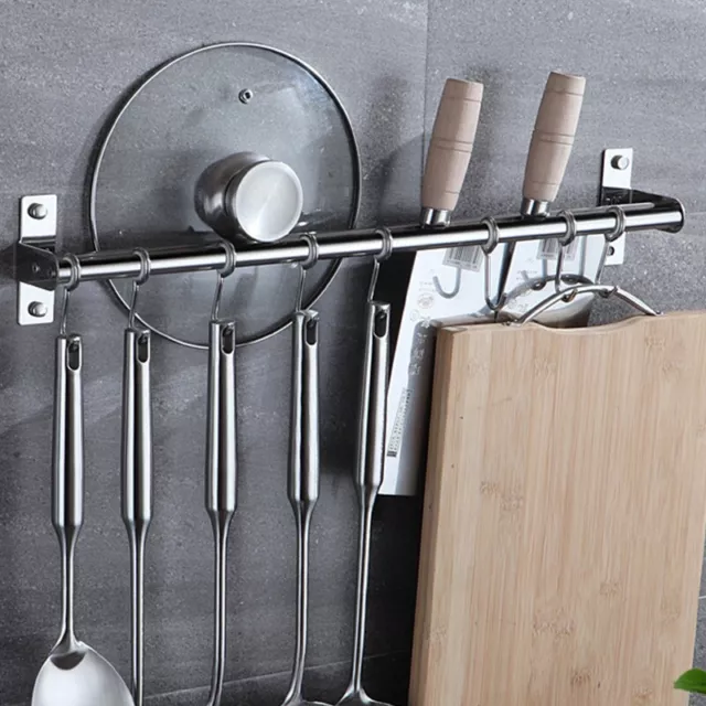 Stainless Steel Kitchen Utensil Hanging Rail Rack with 6 Hooks - Wall Mounted