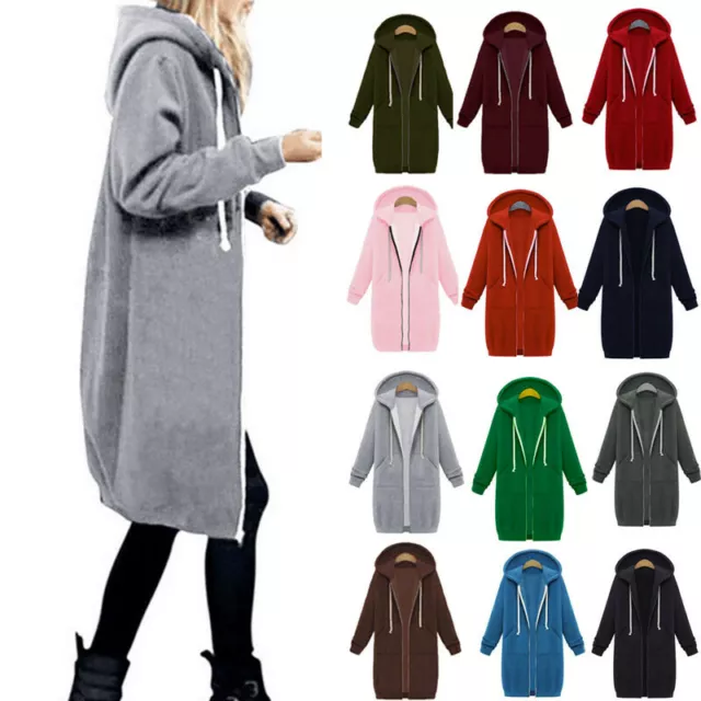 UK Womens Long Sleeve Zipper Hooded Jacket Ladies Jumper Hoodie Cardigan Coat