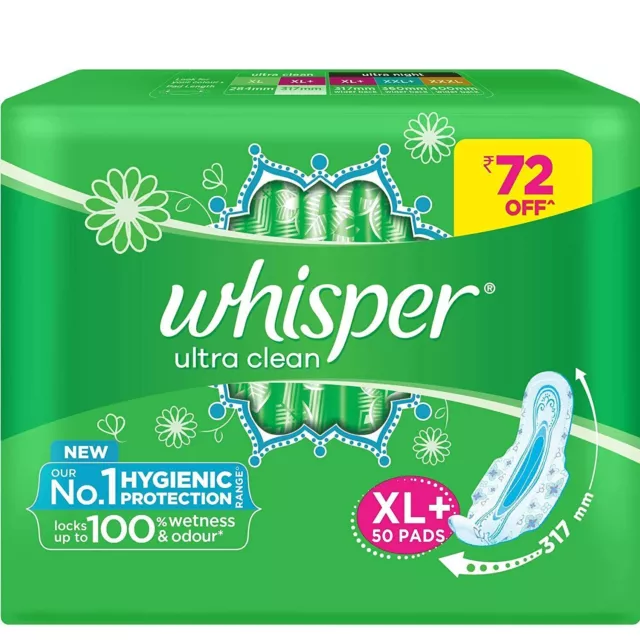 New Whisper Ultra Clean Sanitary Pads for Women, XL+ 50 Napkins US