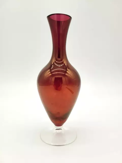 Vintage Ruby Glass Bud Vase on Clear Pedestal - 19cm tall