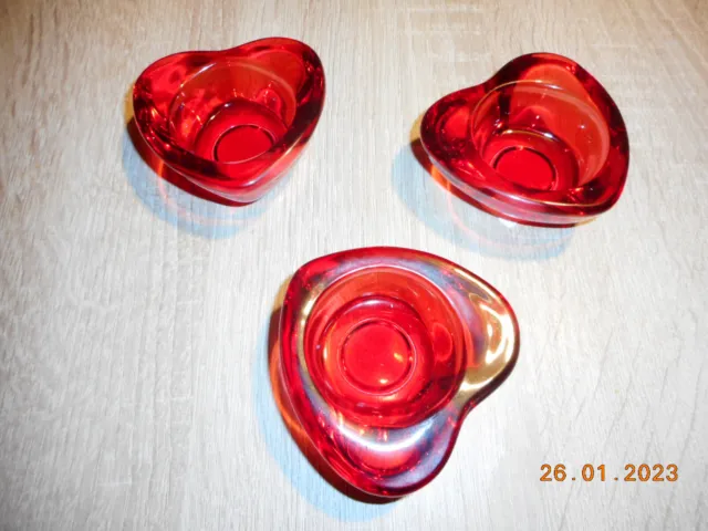 3 x Teelichtglas  * Teelichthalter *  Herzform rot  7x7x2,5 cm Glas