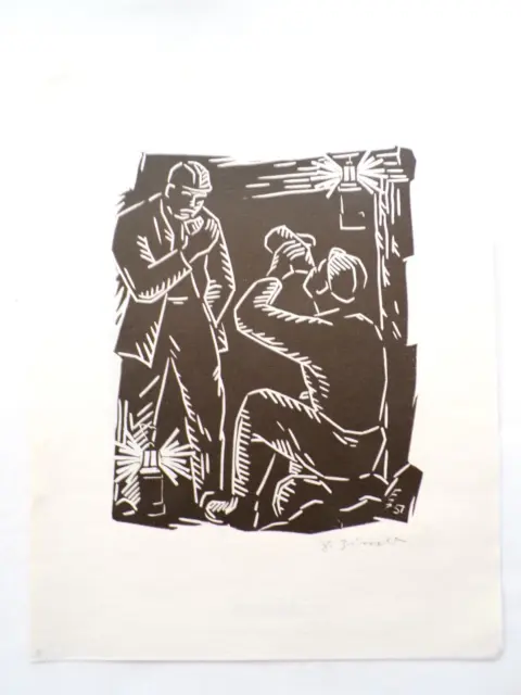 Linolschnitt von Erhard Zierold , signiert, 1957, "Der Bergmann"