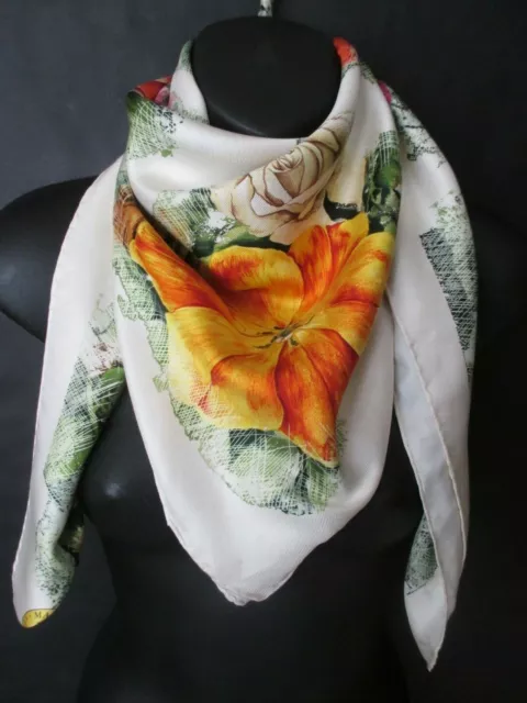 MANTERO white silk scarf w large flowers in mauve orange yellow & pink