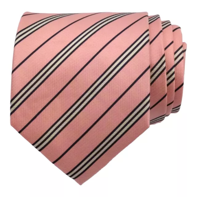 Mens Classic Designer Tie 100% Silk Woven Pink Navy White Striped Dress Necktie
