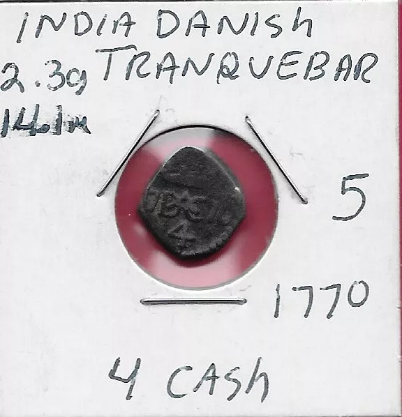 India Danish,Tranquebar 4 Cash 1770 Ruler Christian Vii,Crowned C7 Monogram Divi