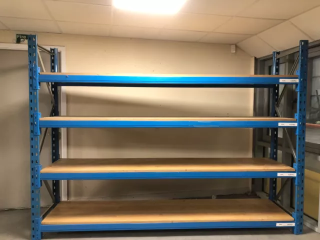 2.8mtr blue used racking for storage / garage / office. 1000kg max wood shelves