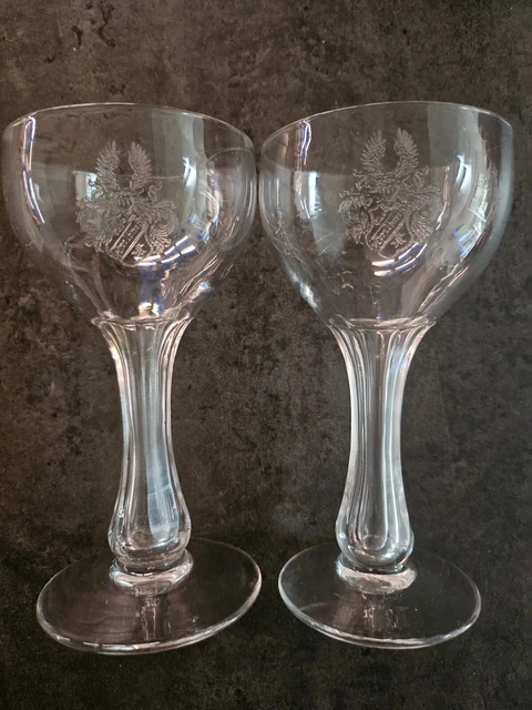 PAIR OF VICTORIAN Hollow Stem Wine Glasses - Etched with Crest, Fluted ...
