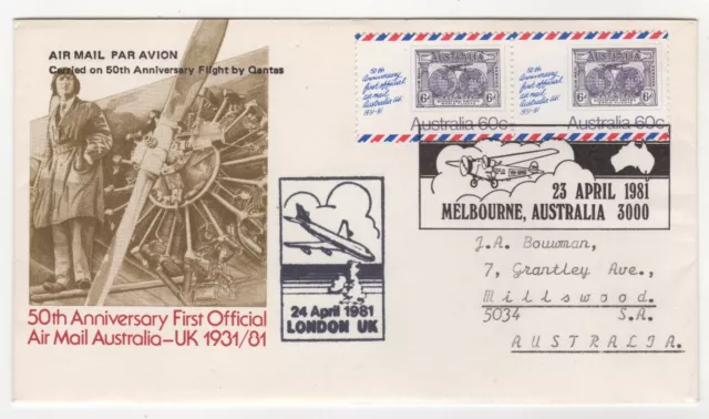 1981 Apr 23rd. Flight Cover. Qantas 50th Anniv. Australia to England. AAMC 1911.