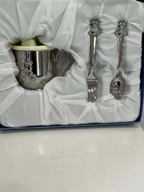 Things Remembered Bear Feeding Set Silver Plate Baby Sippy Fork Spoon NEW IN BOX