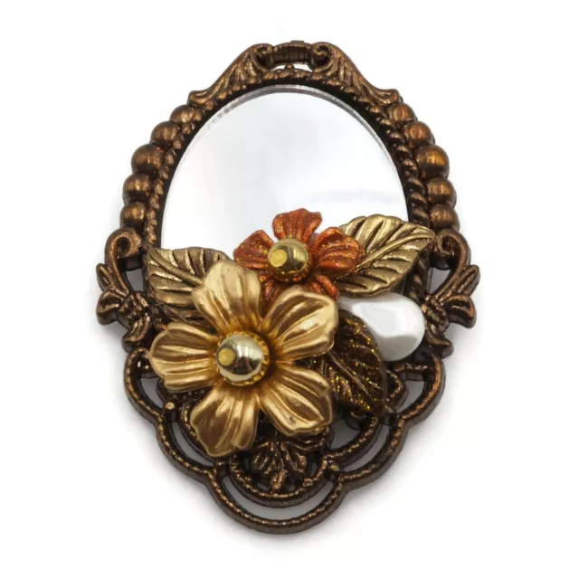 Vintage Gold & Bronze Tone Acrylic Oval Framed Mirror Flower Fashion Brooch