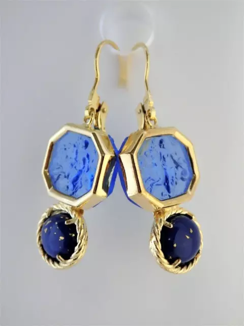 TAGLIAMONTE Earrings YGP/SS baby blue Venetian glass Cameo+Lapis leverbacks