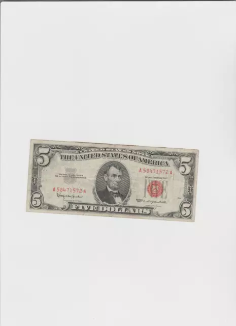 1963 Five Dollar RED Seal Note United States Note Old US Bill $5 Lightly Circ
