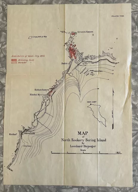 1895 FUR SEAL HABITAT MAP NORTH ROOKERY BERING ISLAND ALASKA 10 x 14 STEJNEGER