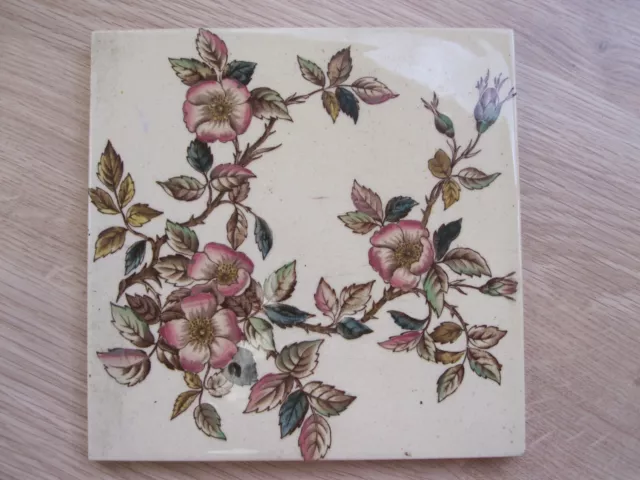 Antique Ceramic Tile Old Vintage Floral Flowers Leaf Art Cream Pink Flowers