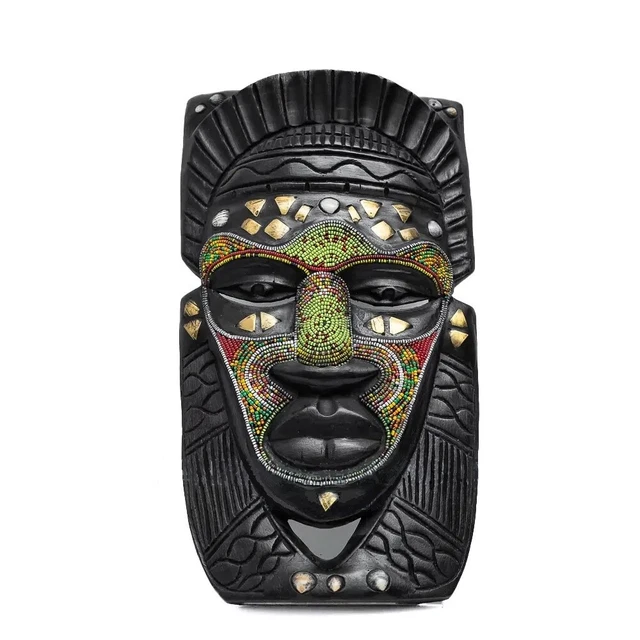 African Warrior Beaded Wooden Mask With Brass
