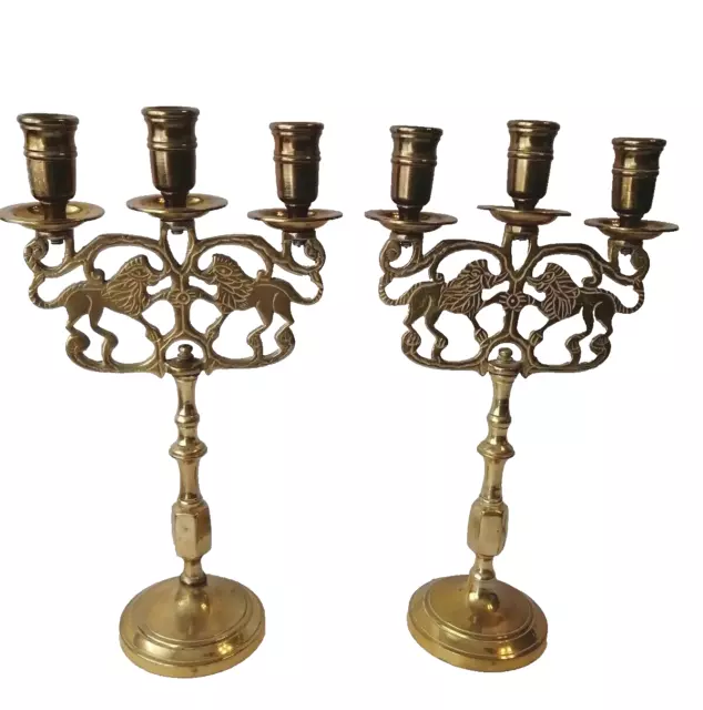 antique  Solid Brass Lions Set 2 Heavy Candelabra 3candle Each 12" Tall