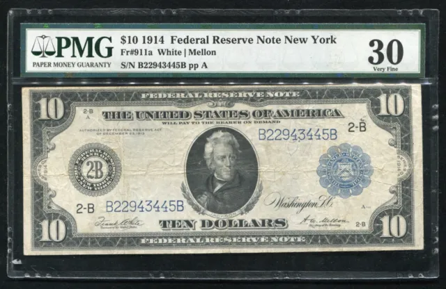 FR. 911a 1914 $10 FRN FEDERAL RESERVE NOTE NEW YORK, NY PMG VERY FINE-30