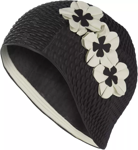 Fashy Ladies Swimming Hat Black With 3 White Flowers Bathing Cap