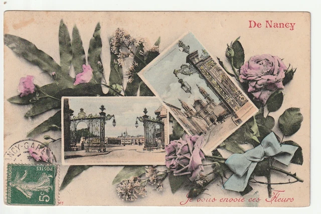 NANCY - CPA 54 - Nancy Remembrance Card - 2 Views of Place Stanislas and Flowers